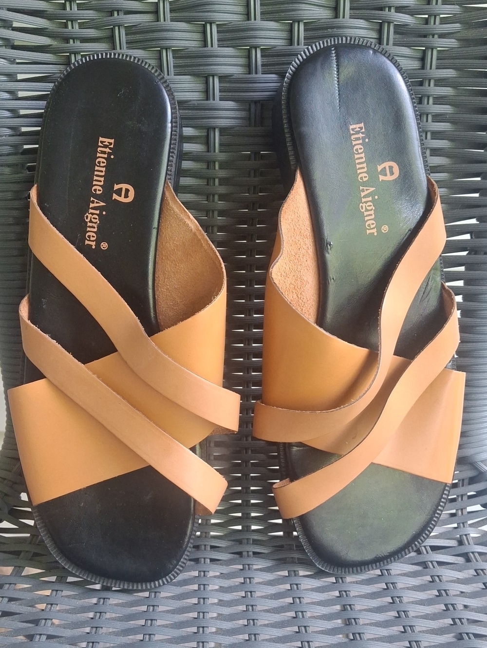 Etienne Aigner Women's Tan/Cognac Leather Strappy Slide Sandals